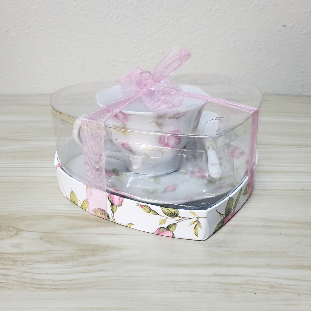 White Tea Cup Set w Pink Roses, Saucer, Cup & Stirring Spoon